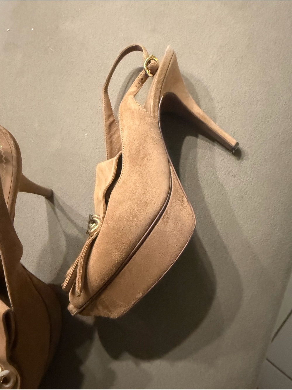 Yves Saint Laurent Tan Suede Platform Slingback Pumps